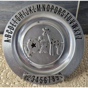 Vintage Pewtarex Pewter Child's Plate ABCs 123s Zoo Animals